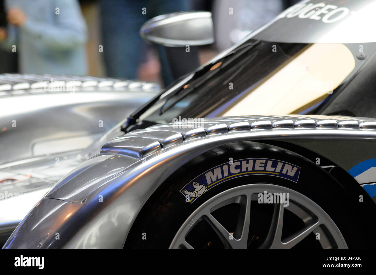 Close-up of Michelin tyres on a stylish Peugeot sport car, displayed during the Paris international motor show. Stock Photo