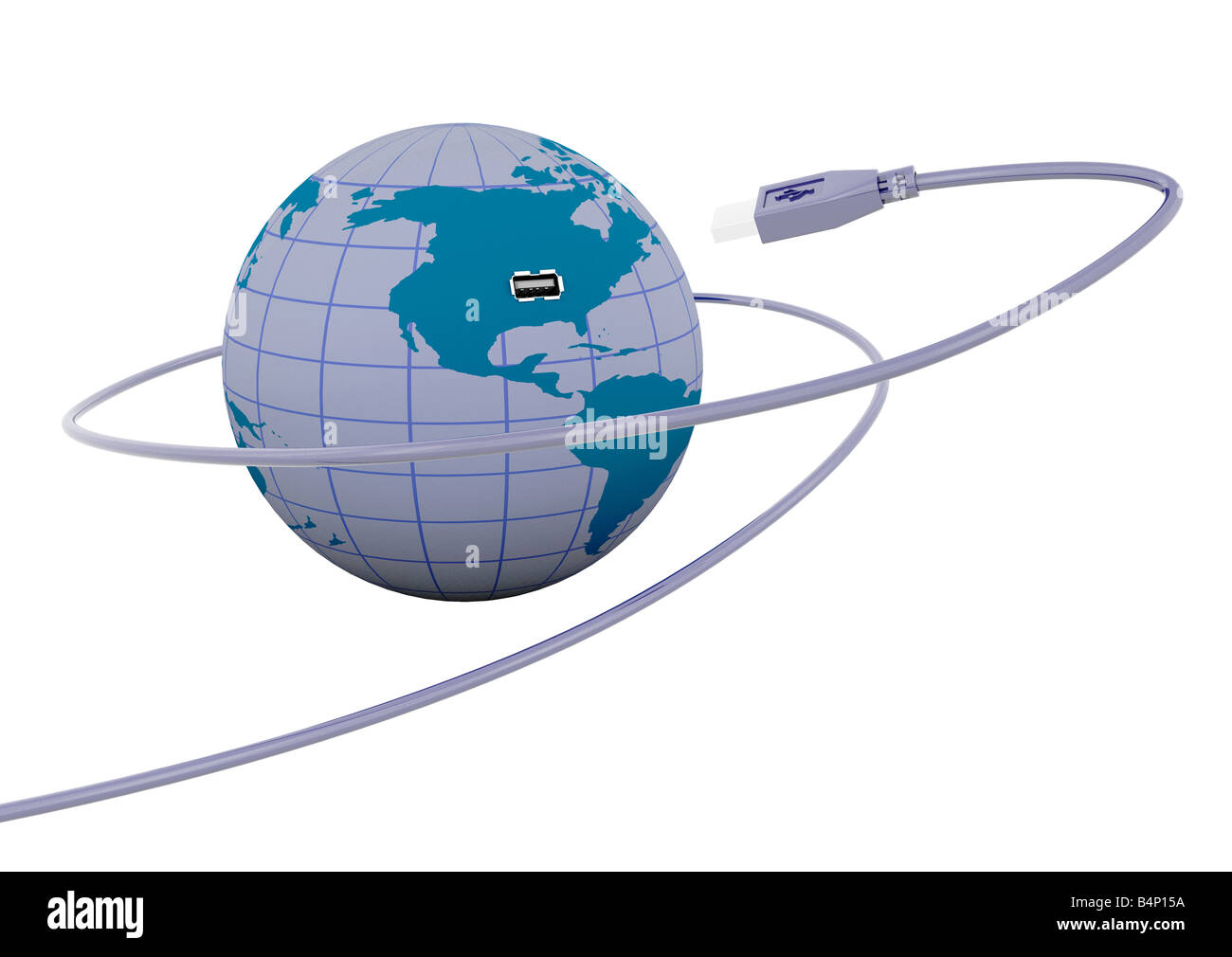 3D render of a USB cable connecting to a globe Stock Photo