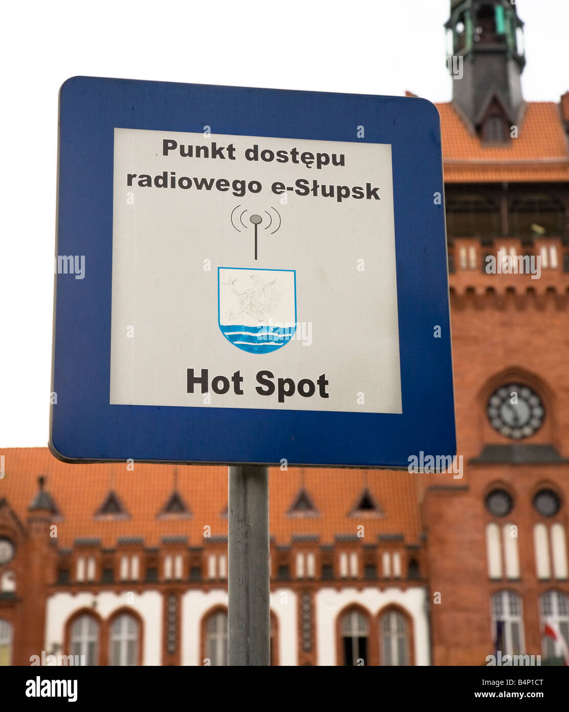 Sign indicating public use wifi hotspot Slupsk town centre Poland Stock Photo