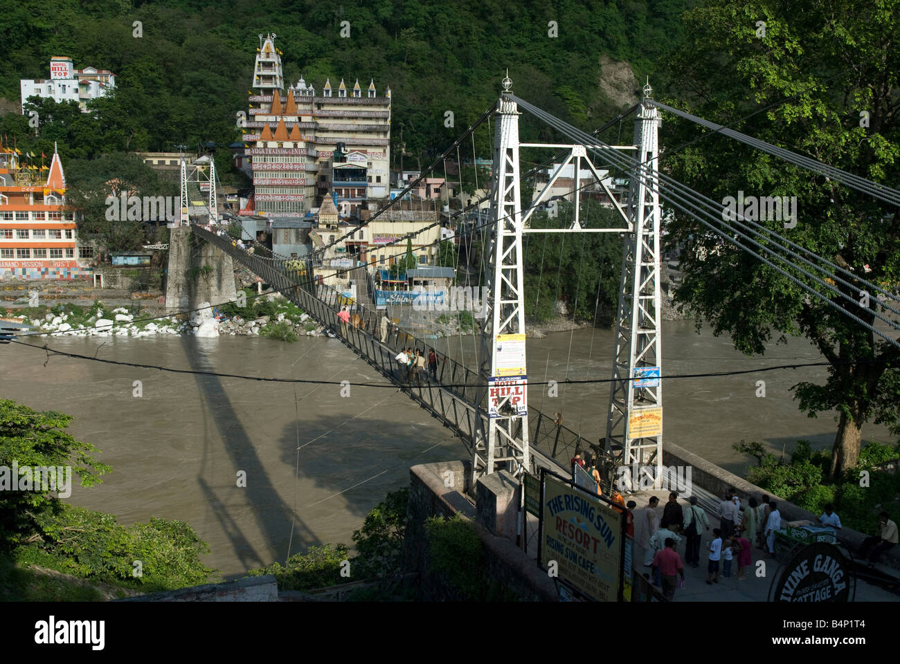 India Uttarakhand Rishikesh Ram Jhula Bridge across the Ganges Stock Photo