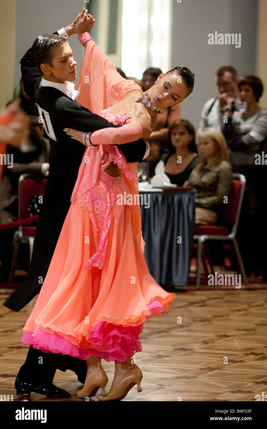Young dancers posing. Ballroom dance competition 'Nevsky Cup 2008' in Saint-Petersburg, Russia. Stock Photo