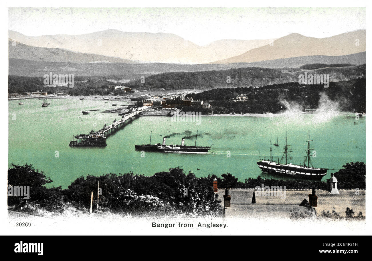 1908 dated old vintage British Topographical  Picture Postcard of Bangor from Anglesey North Wales 1900s FOR EDITORIAL USE ONLY Stock Photo