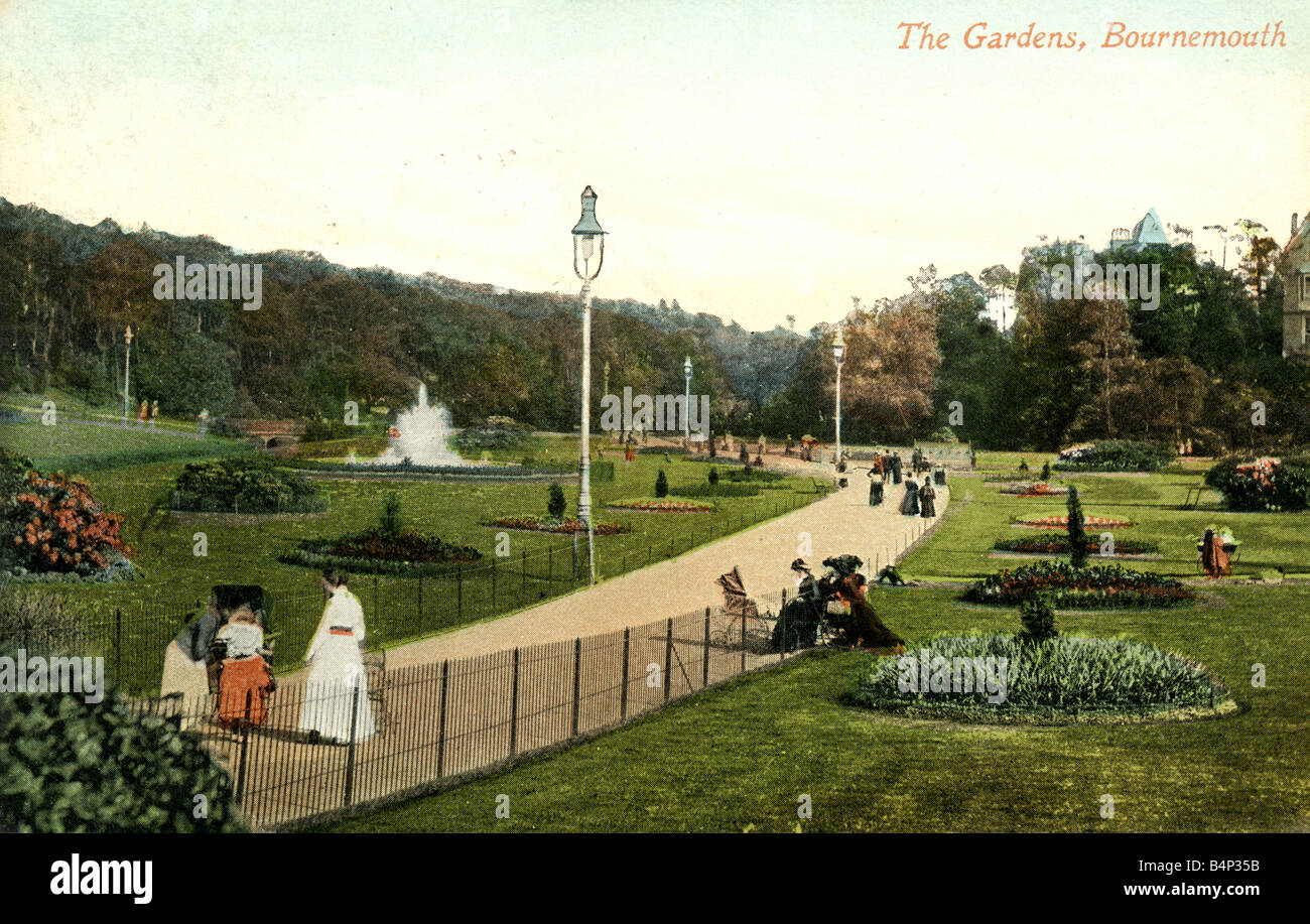 Old vintage British  Topographical Picture Postcard of the Gardens Bournemouth posted April 1910 FOR EDITORIAL USE ONLY Stock Photo