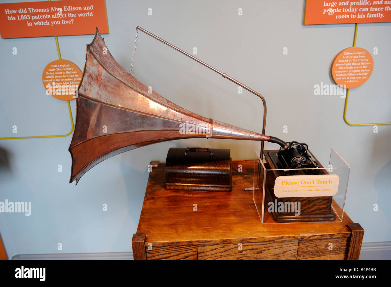 Early phonograph invented by Thomas Elva Edison is on display in a museum in his boyhood town of Port Huron Michigan Stock Photo