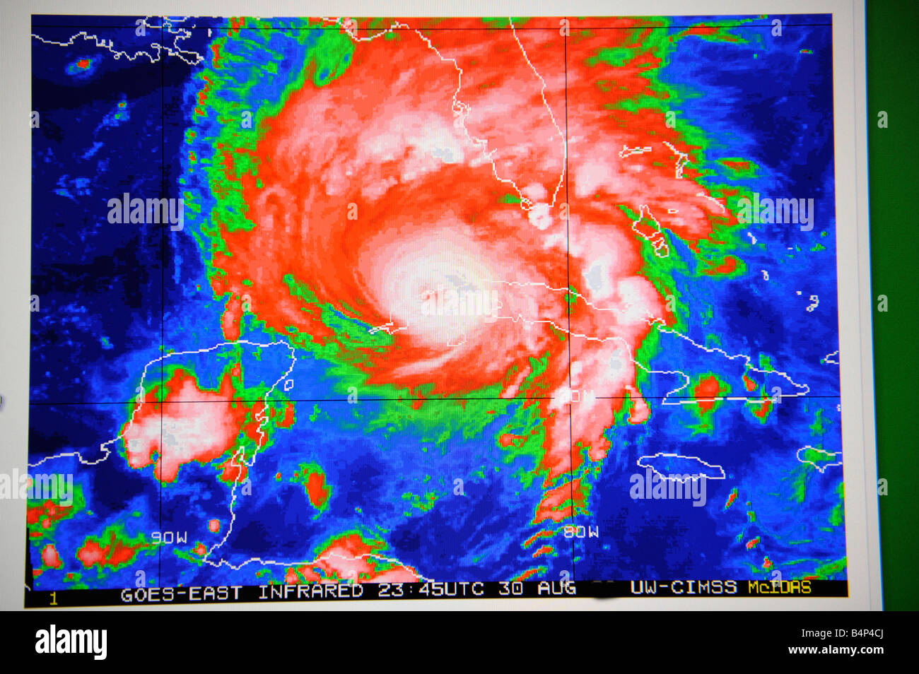 Hurricane satellite weather map as viewed on the internet and on TV television Stock Photo