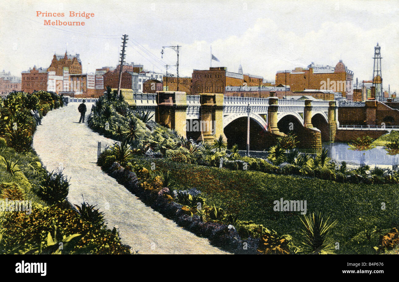 Old vintage 1900s Australian Topographical  Picture Postcard of Princes Bridge Melbourne Australia 1908  FOR EDITORIAL USE ONLY Stock Photo