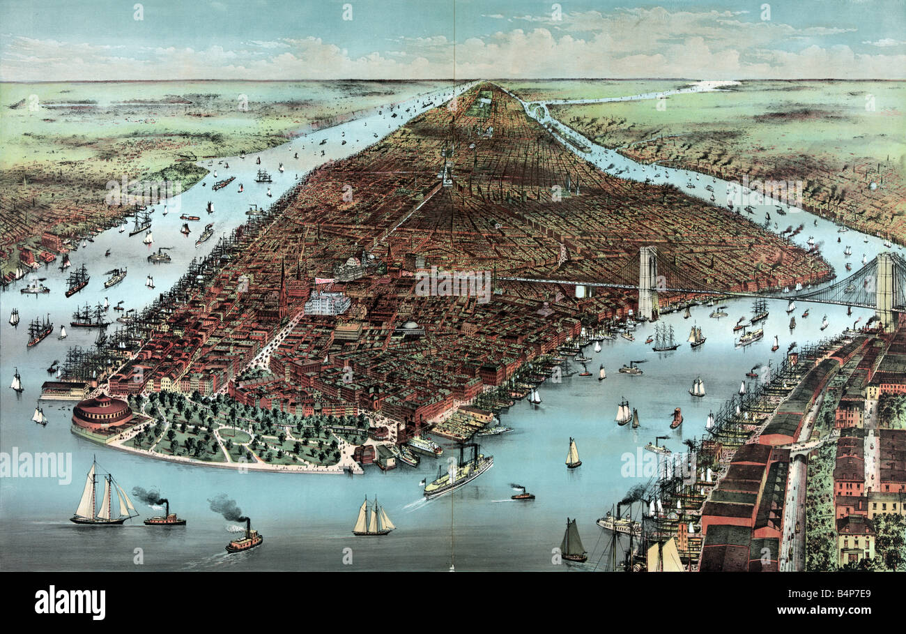 New York City 1900 Stock Photos - Aerial View Of The City Of New York C1883 B4P7E9