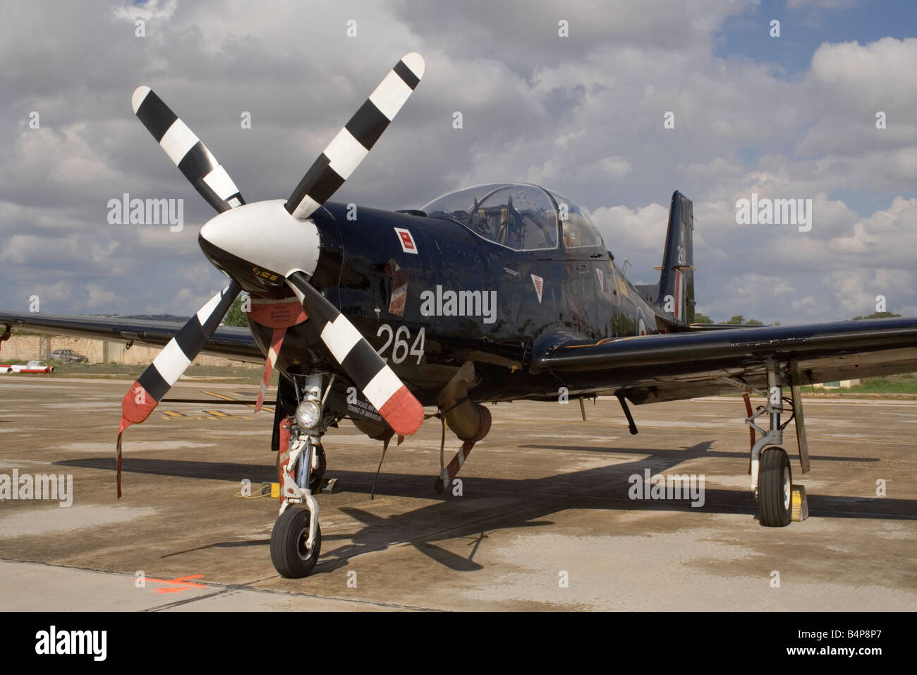 Royal Air Force Shorts Tucano T1 military training plane. Closeup front view with emphasis on propeller. Stock Photo