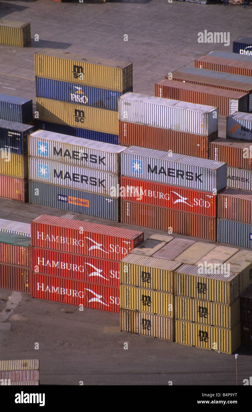 Shipping containers stacked up in port, Arica, Chile Stock Photo