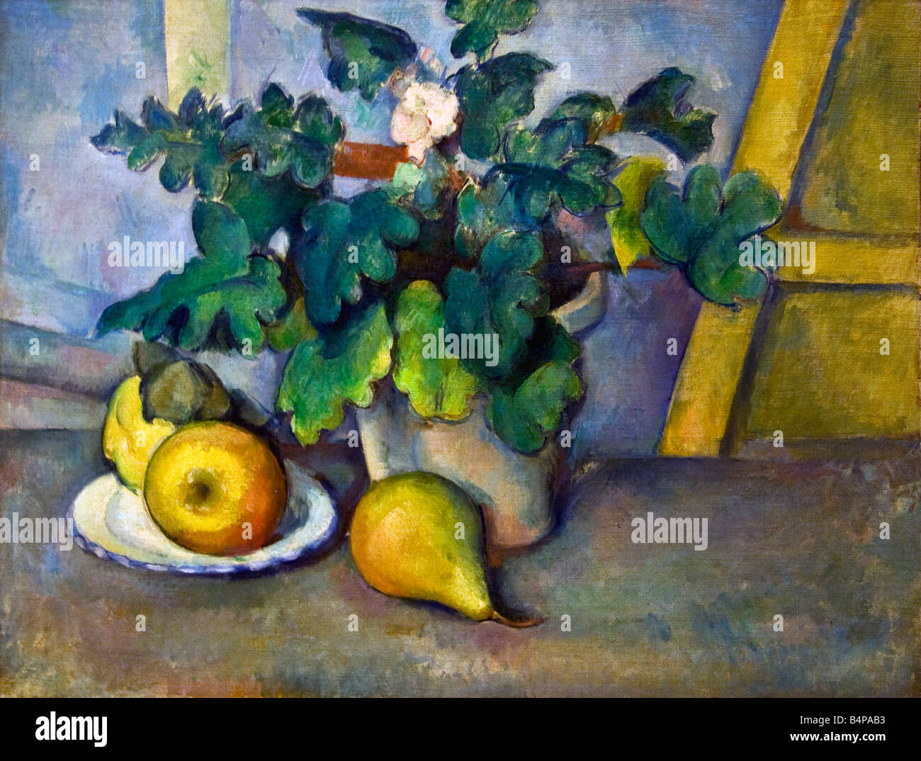 Pot of Primroses and Fruit by Paul Cezanne oil on canvas 1888-1890 Courtauld Gallery Somerset House London Stock Photo