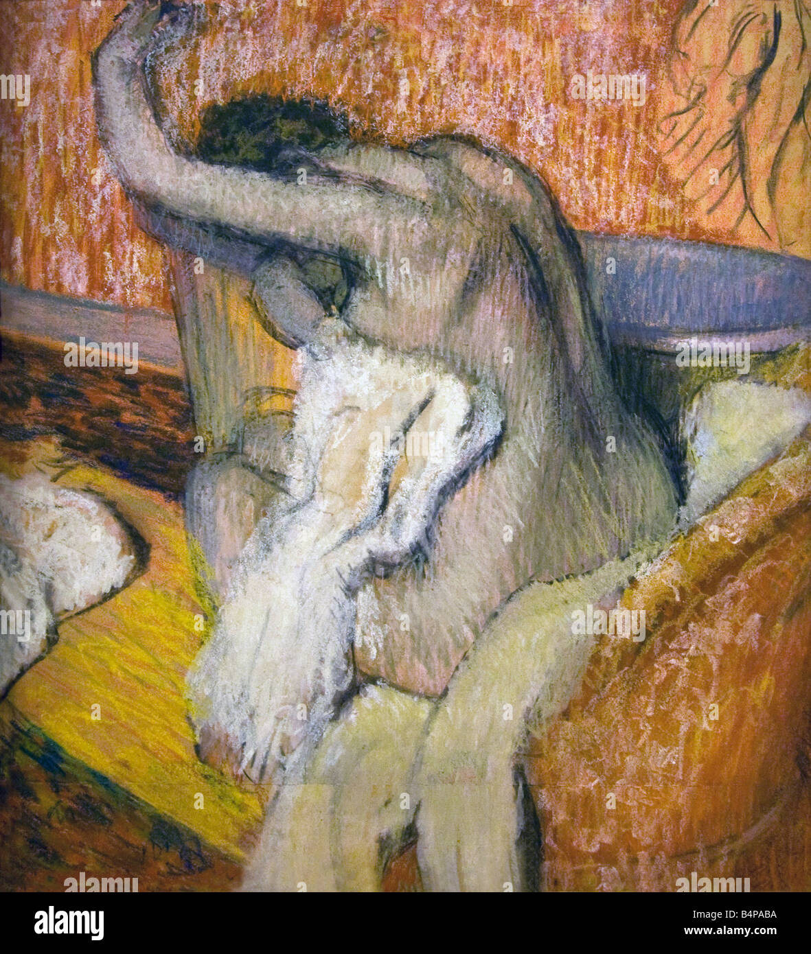 'After the bath, woman drying herself' painted by Edgar Degas pastel on paper 1895-1900 Courtauld Institute Gallery London Stock Photo