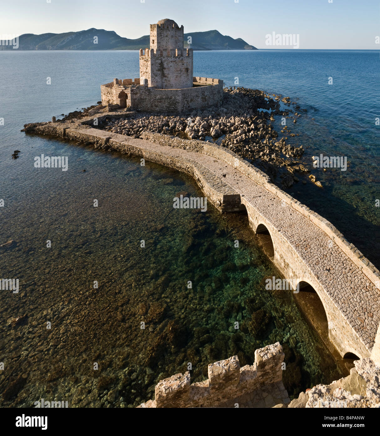 Looking down on the Bourtzi tower at Methoni, Messinia, Southern Peloponnese, Greece Stock Photo