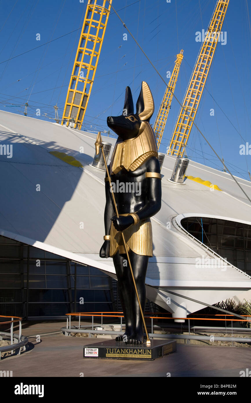 O2 Arena, entrance London Millennium Dome. Morning Blue sky Statue of Anubis - Tutankhamun exhibition Vertical 77501 London-O2 Stock Photo