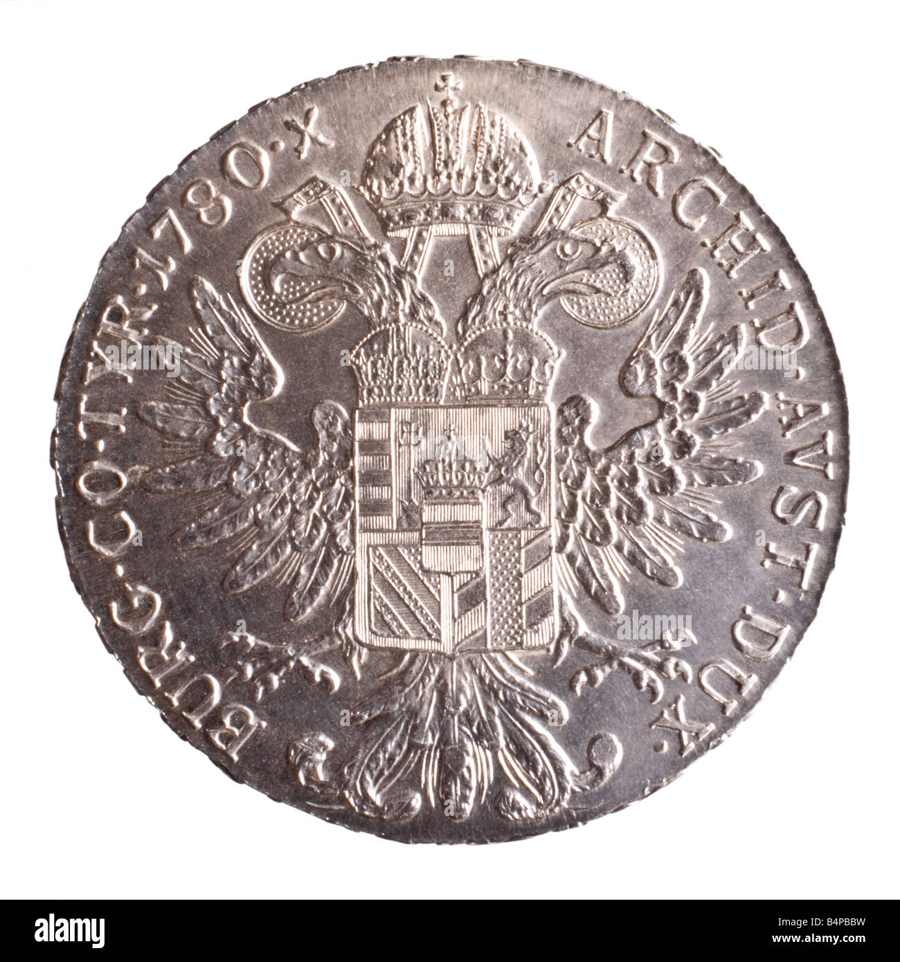 Maria Theresa Austrian silver Thaler. Modern restrike of 1780 original. Reverse Stock Photo