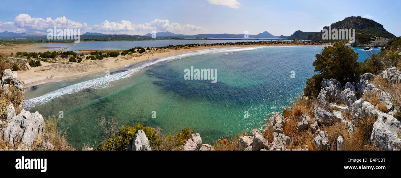 A panorama looking across Voidokilia beach near Yialova and Pylos on the Messinian coast Southern Peloponnese Greece Stock Photo