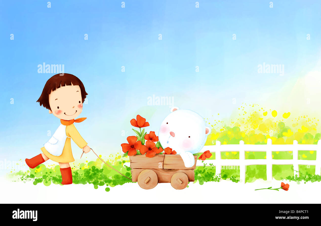 Representation of girl pulling cart with flowers and teddy bear Stock