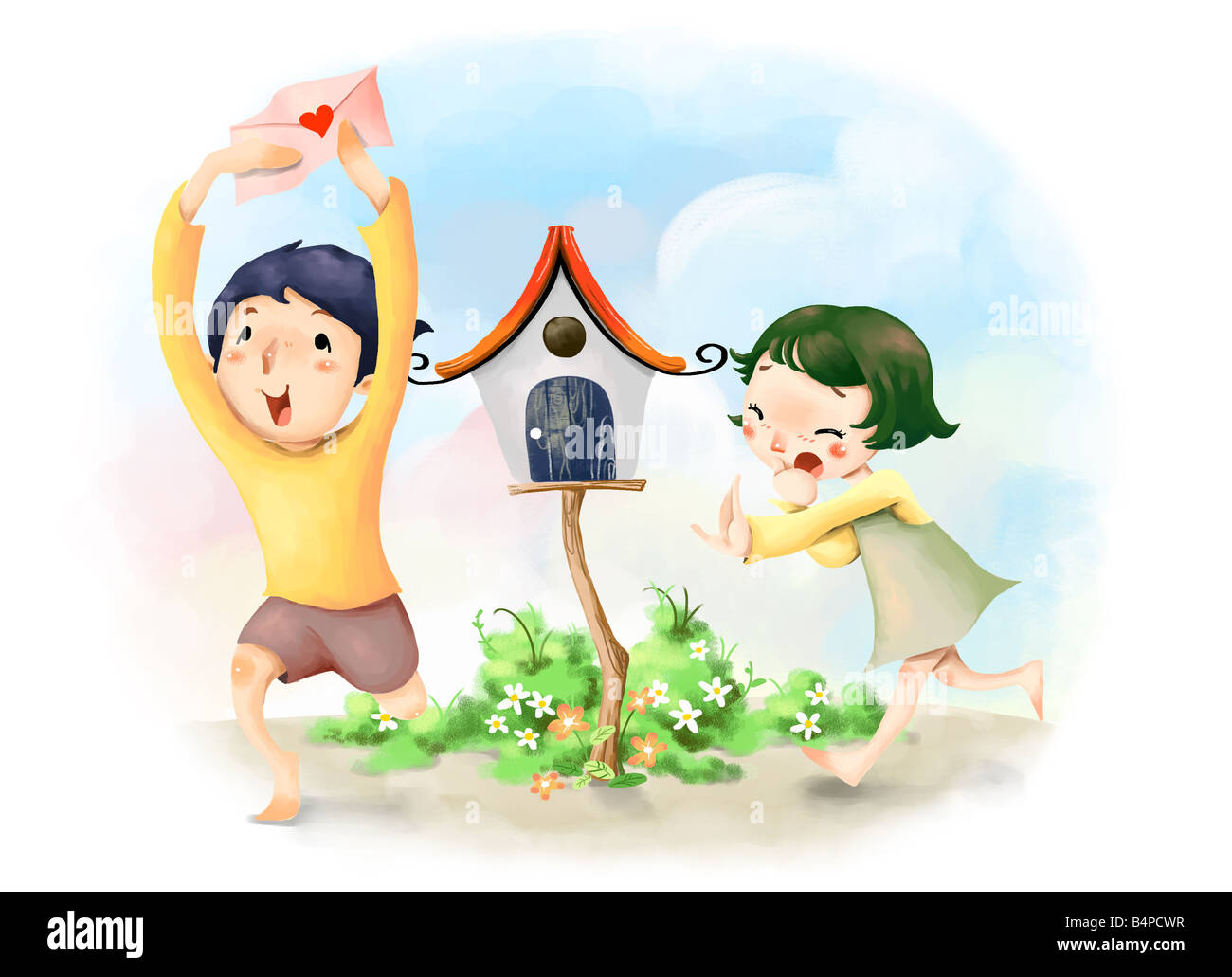 Representation of boy running with envelope with girl following him Stock Photo