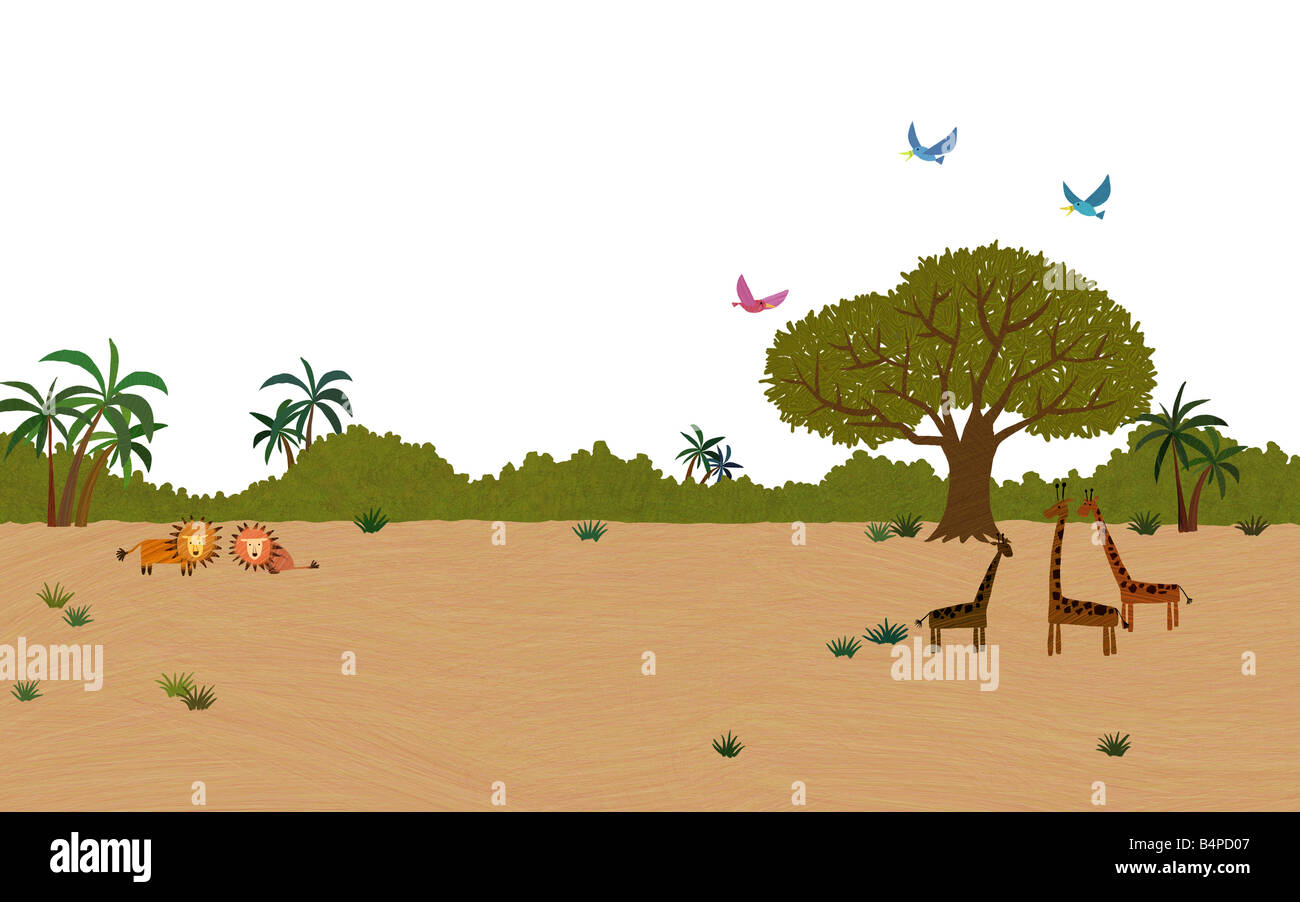 Painting of lions and giraffe relaxing on landscape Stock Photo Alamy