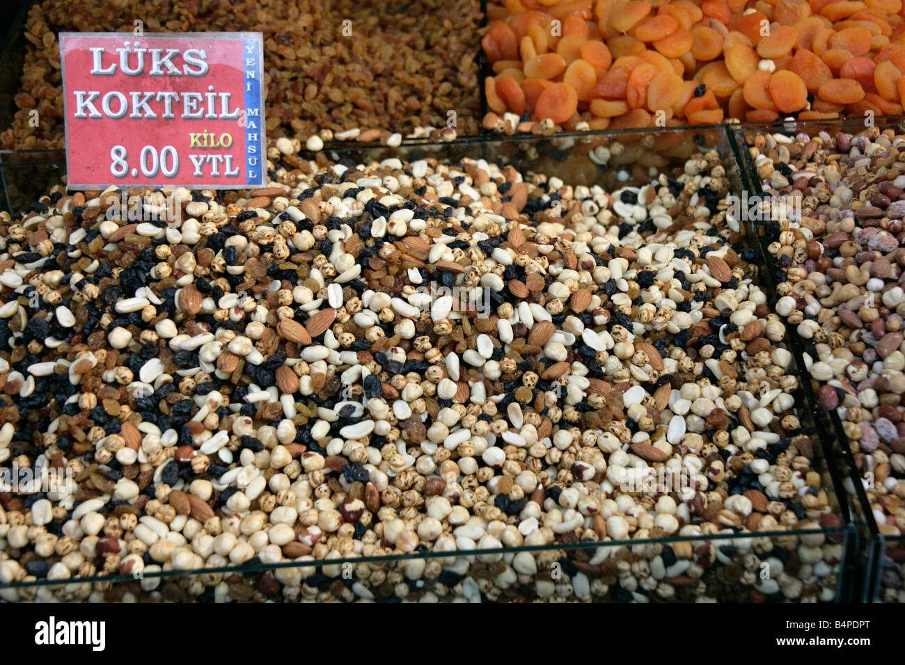 Mixed nuts and raisins in Eminonu market, Istanbul, Turkey Stock Photo
