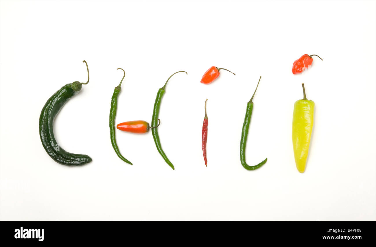 The word Chili spelled out using various chili peppers Stock Photo Alamy