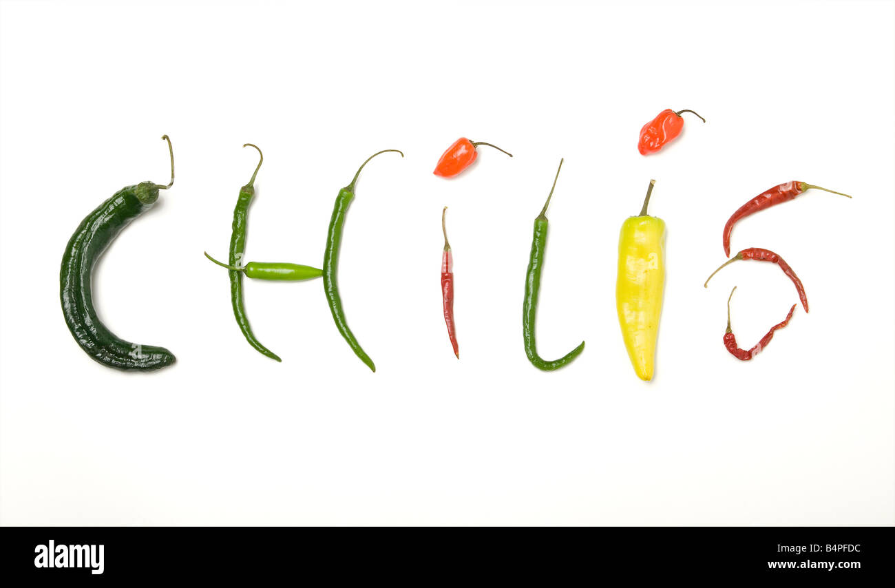 The word Chilis spelled out using various chili peppers Stock Photo