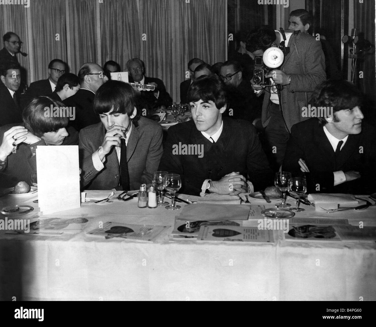 The Beatles Pictured at the Variety Club Luncheon where the Beatles were named joint winners of the Showbusiness Personality award for 1963 which they shared with Sean Connery Left to Right Ringo Starr George Harrison Paul McCartney and John Lennon Stock Photo