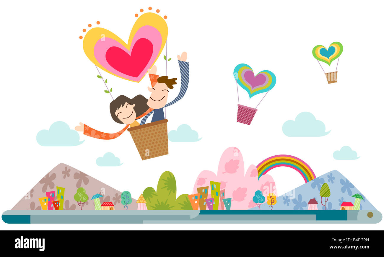Representation of couple flying on hot air balloon Stock Photo - Alamy