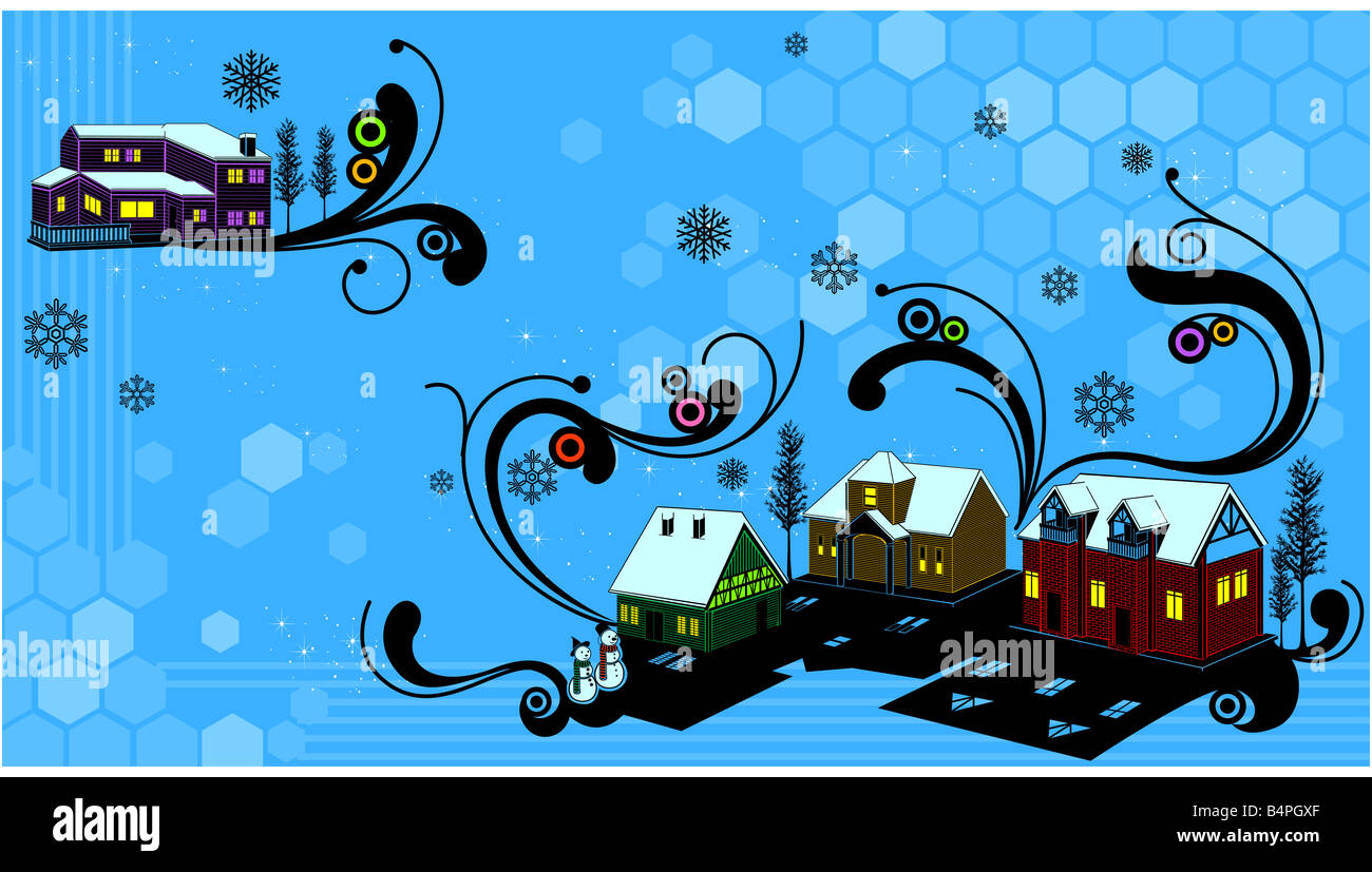 Illustration of houses with roof covered by snow Stock Photo - Alamy
