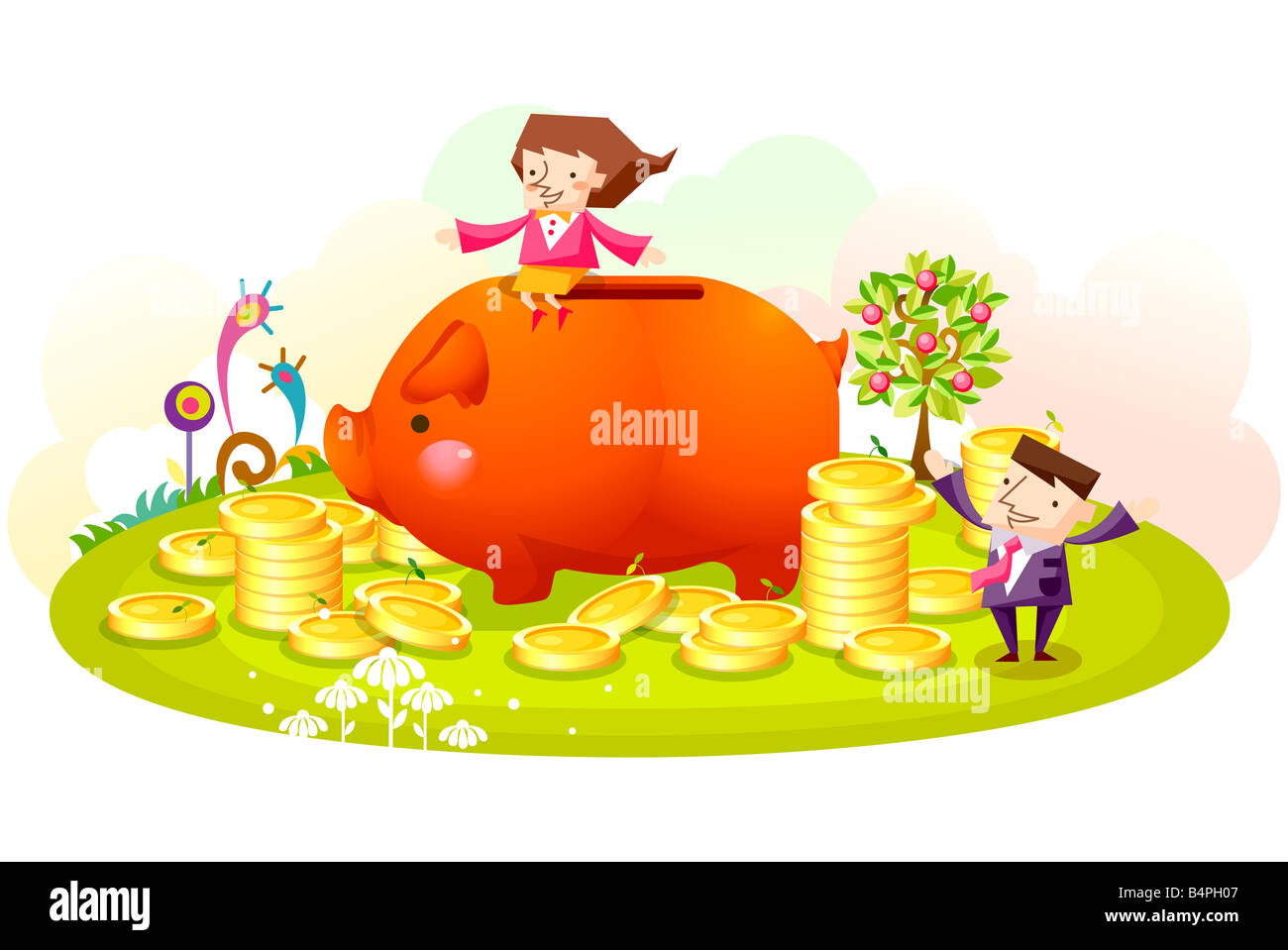 Representation of woman sitting on piggy bank surrounded by coins Stock ...