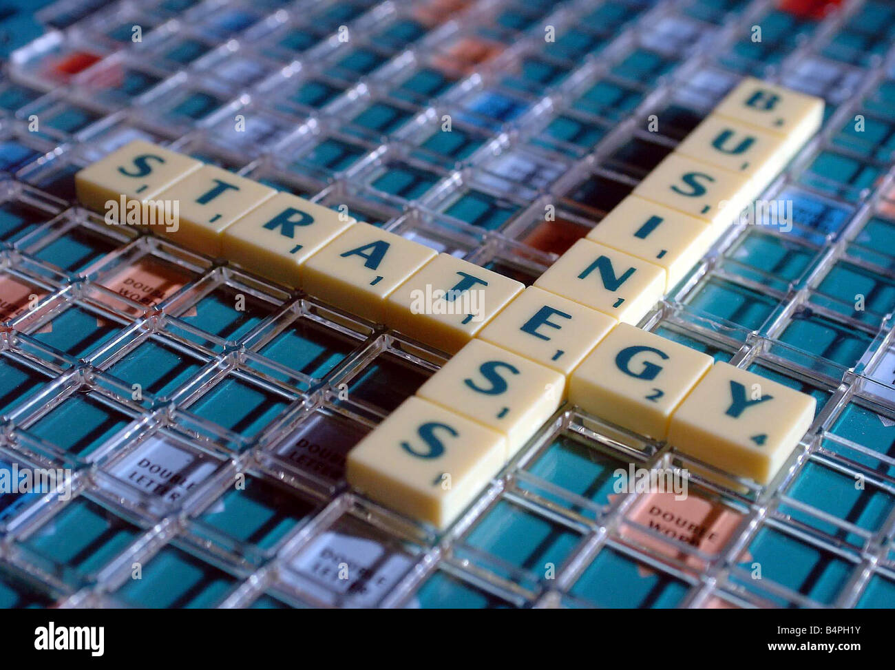 The words Business Strategy spelt on a Scrabble Board 17th May 2005