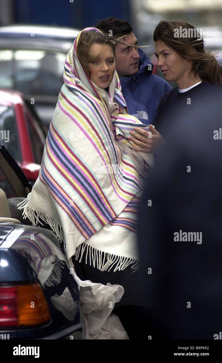 Supermodel Kate Moss 6 moths pregnant Filming advert for make up company  Rimmel Wrapped in a striped blanket May 2002 Stock Photo - Alamy