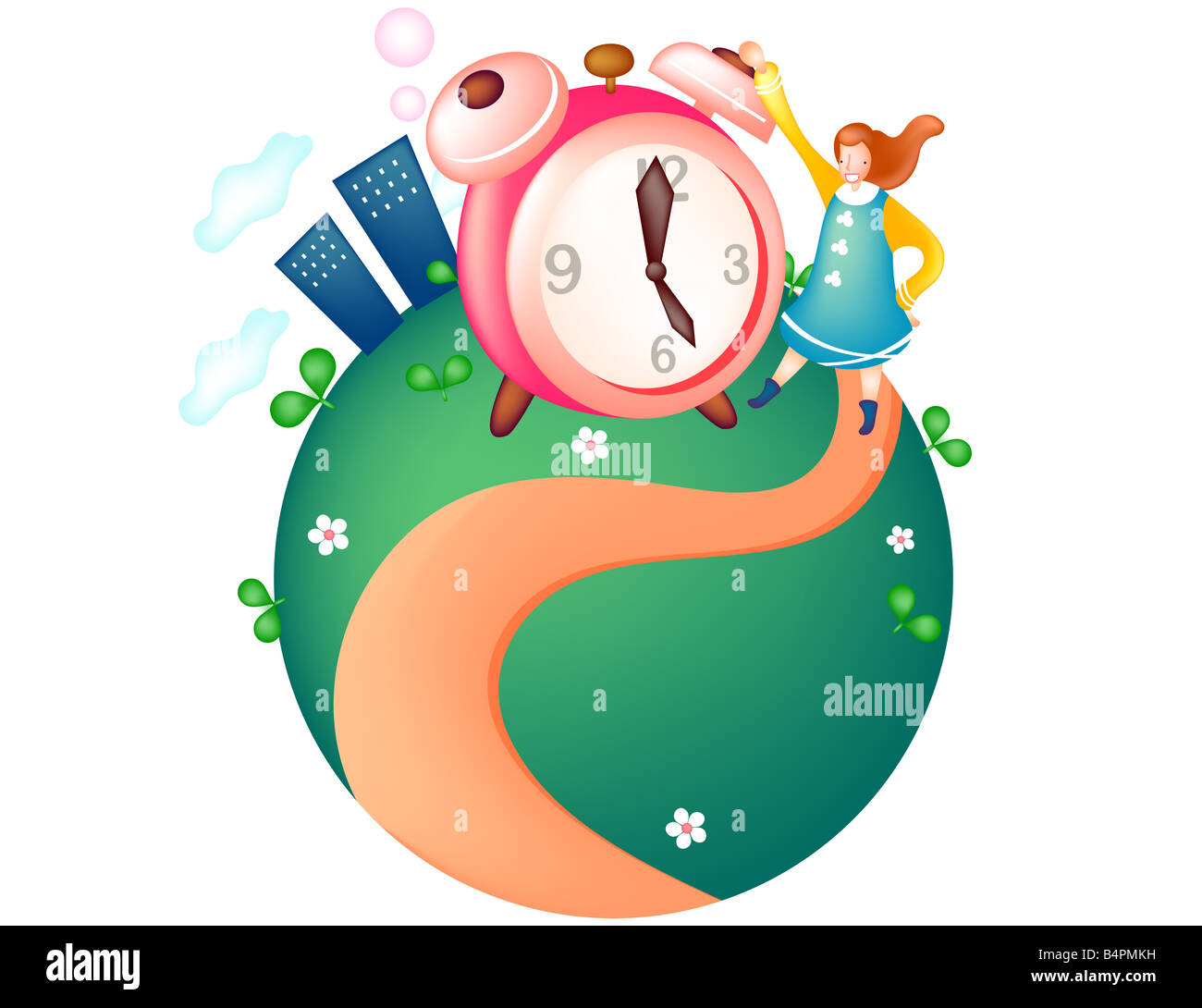 Representation of girl standing with alarm clock Stock Photo Alamy