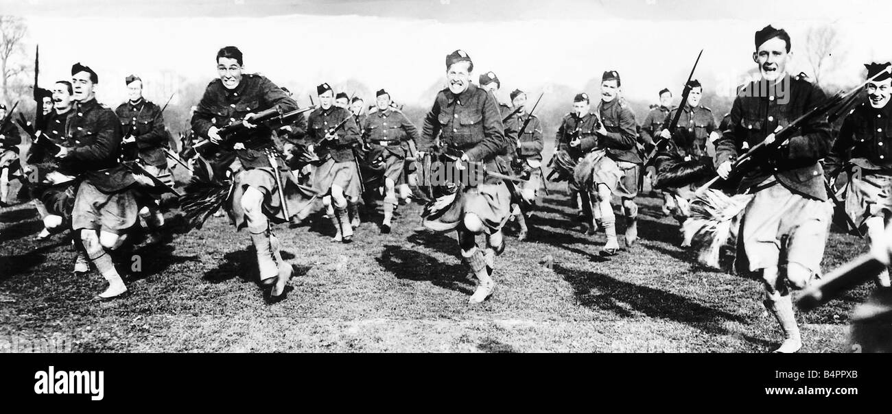 Scottish soldiers practise bayonet charging during World War One The bayonet charge was an effective weapon on infantry troops who were on the point of giving up However it wasn t quite so effective against a line of men dug in and armed with machine guns 1914 Stock Photo