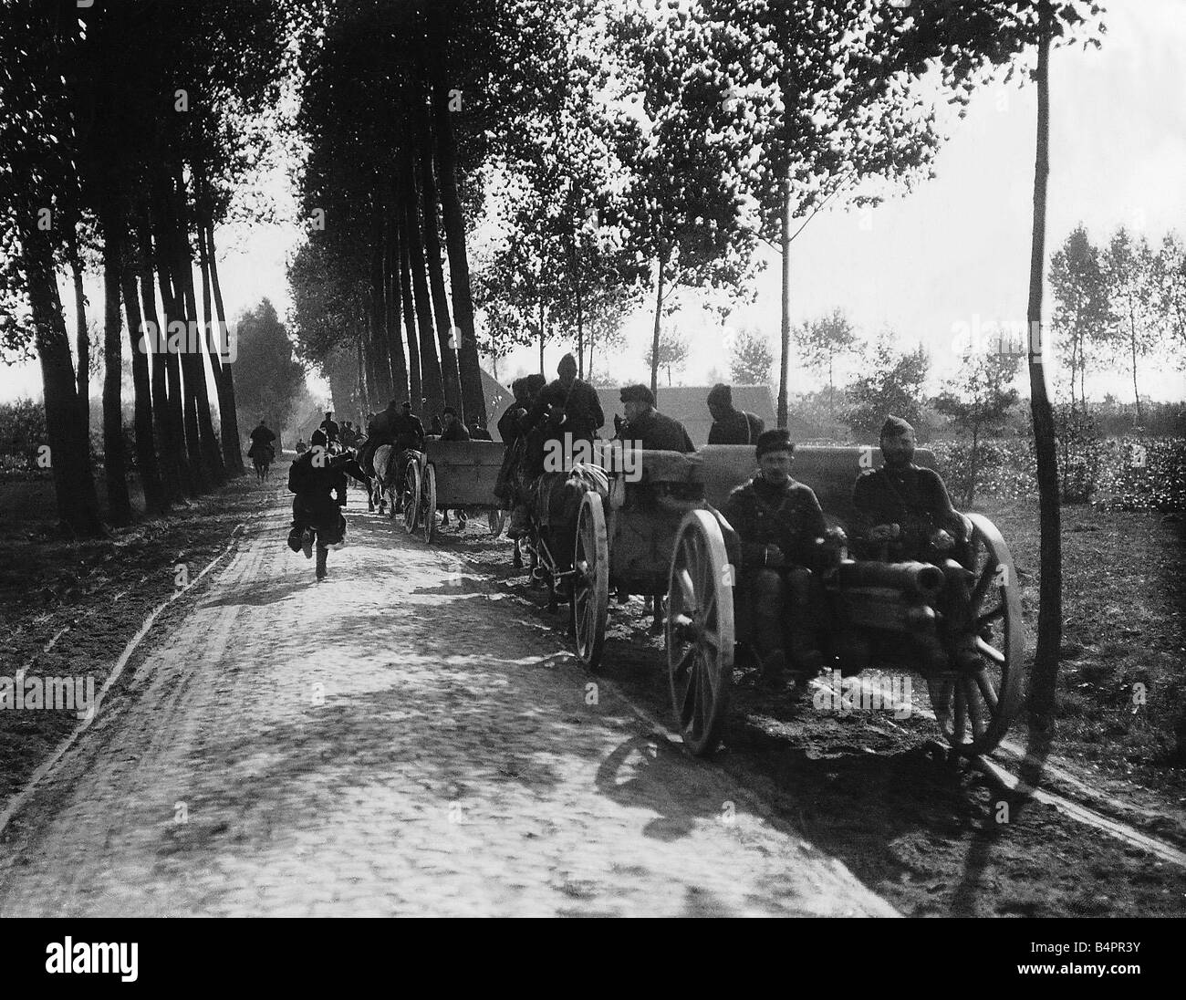 Belgian Army horse drawn gun carriages on a country road in Belgium