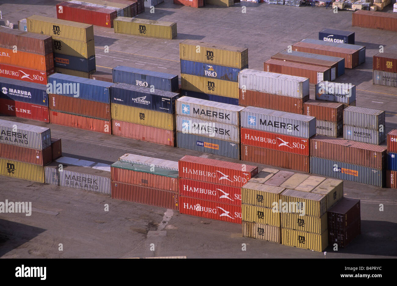 Shipping containers stacked up in port, Arica, Chile Stock Photo