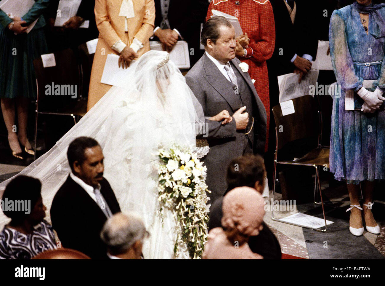 Lady Diana Spencer arrives at St Pauls Cathedral with her father Earl Spencer for her marriage to Prince Charles July 1981 Stock Photo