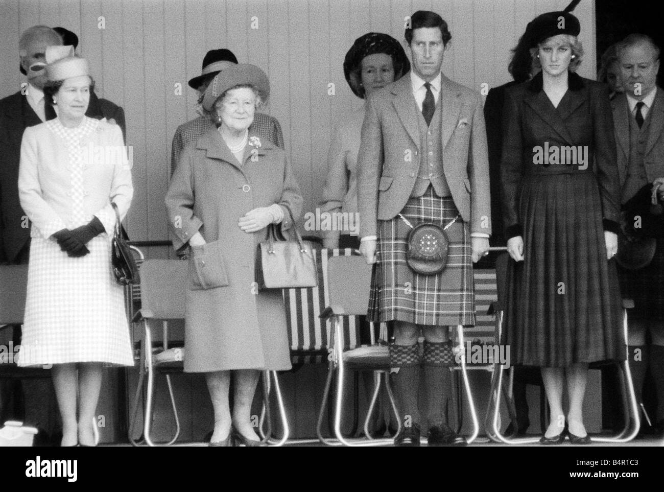 The Royals The Windsors September 1987 Prince Charles Princess Diana and The Queen Mum at the Braemar for the Highland games Stock Photo