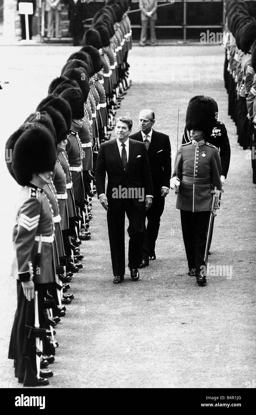 Prince Philip Duke of Edinburgh June 1982 with American President Ronald Regan on State Visit to Britain inspecting Guard of Honour of the 1st Battalion the Grenadier Guards at Windsor castle Stock Photo