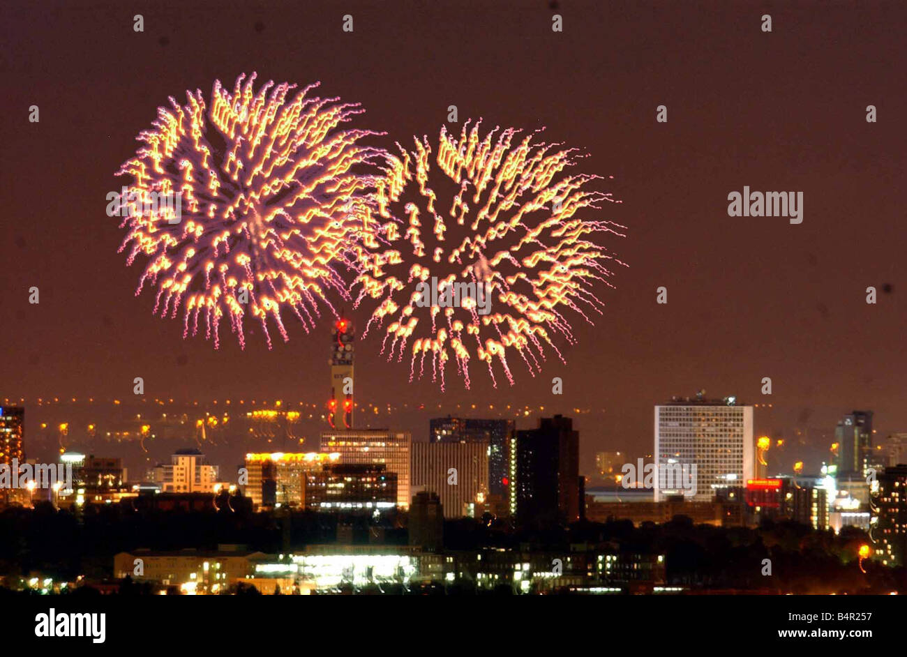 The Birmingham Skyline picked out against the display of golden jubilee