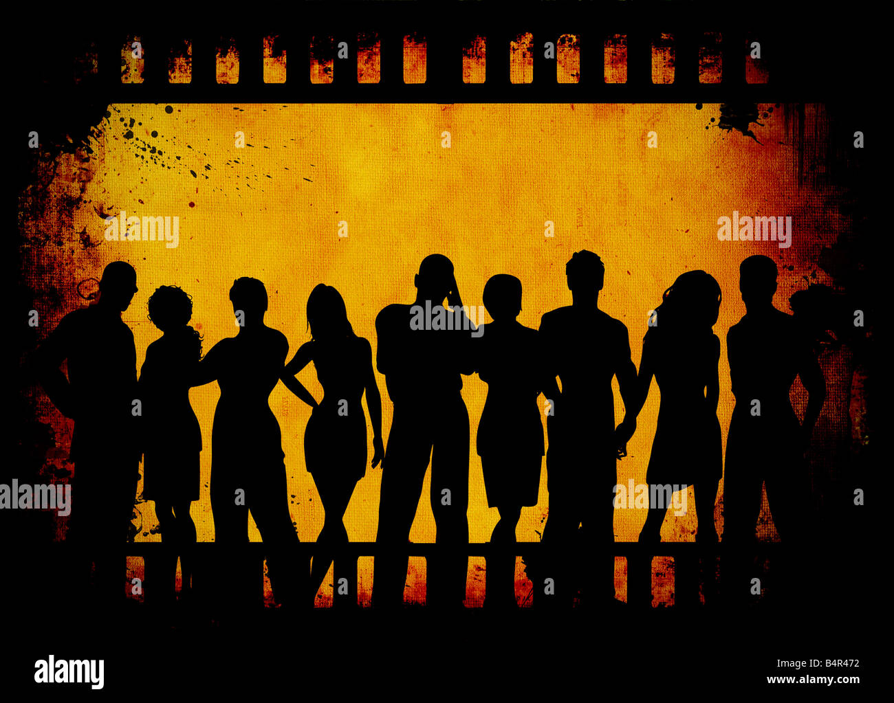 Group of young people on grunge film strip background Stock Photo