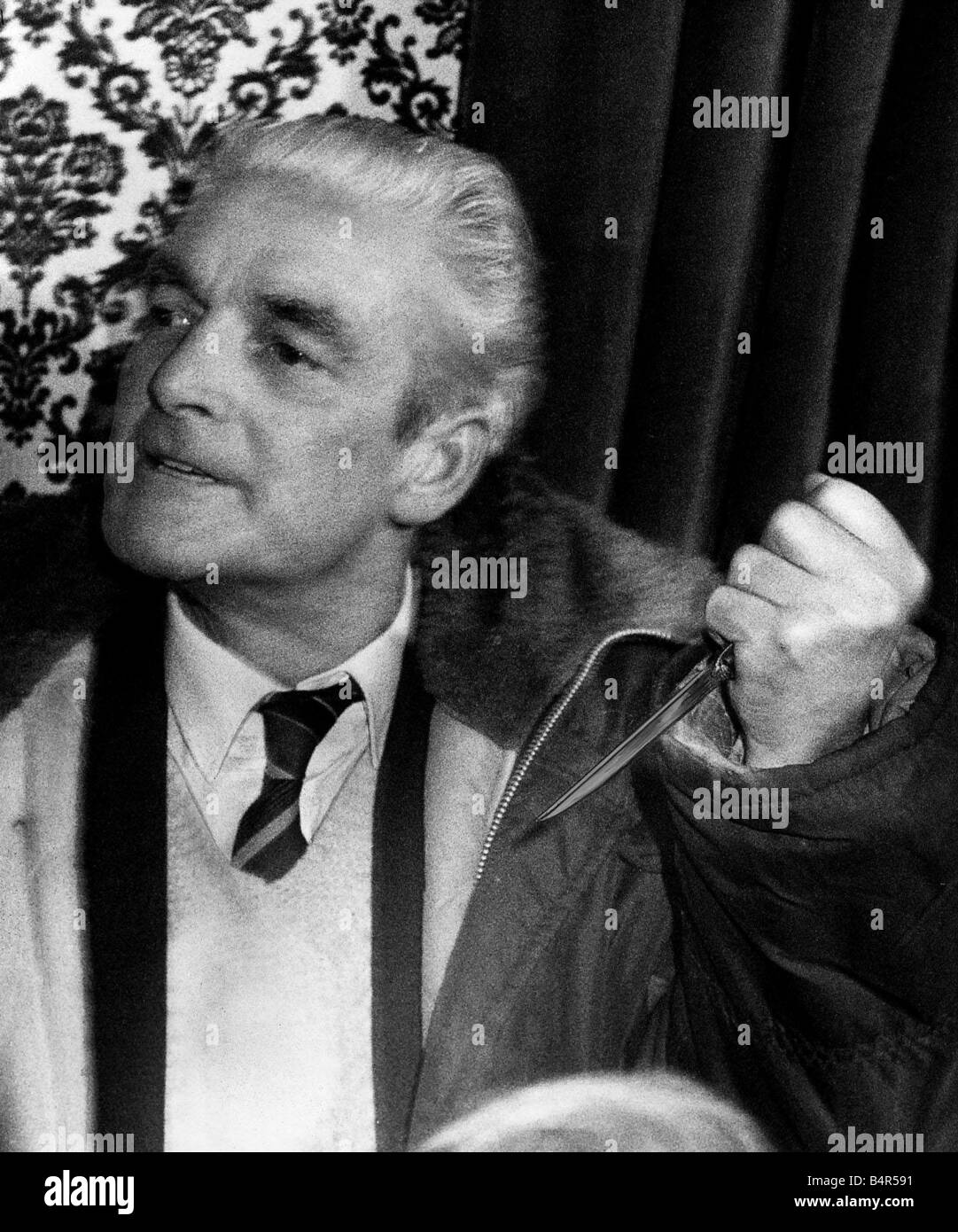 Pat Kilbride father of one of the Moors Murder victims demonstrates how he had hoped to kill Myra Hindley with a kitchen knife when she returned to Saddleworth Moor 20 years after the horrific murders to help police to search for the remains of 2 missing children He was twice turned back at police checkpoints Stock Photo