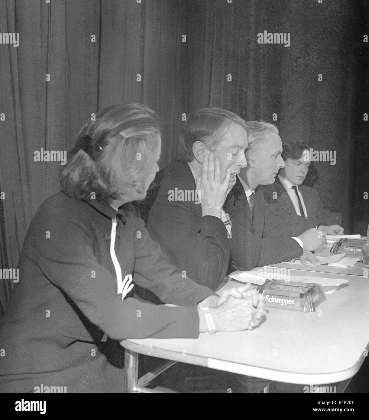 Kenneth Tynan second in from left taking part in a debate on cencorship after swearing on television on a Saturday night programme Debate took place at the Royal Court Theatre November 1965 Stock Photo