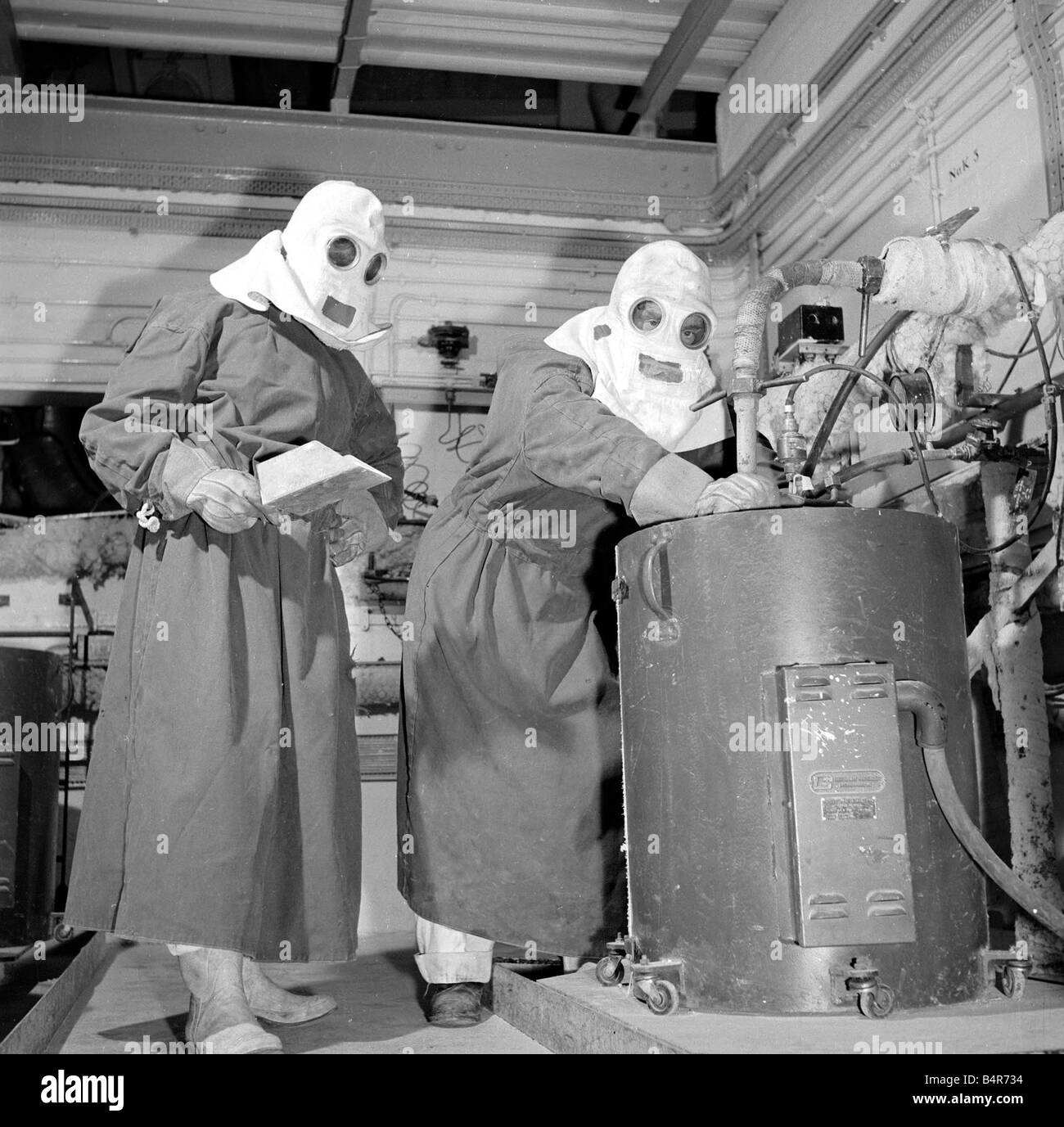 Workers wearing protective clothing at Dounreay Atomic Reactor near