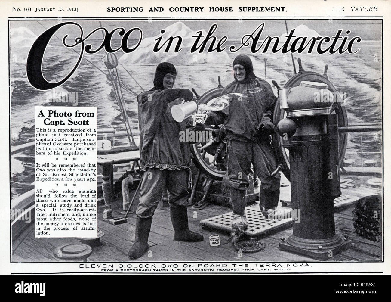 Captain Scott Oxo Ad 11 OClock Oxo on the Terra Nova Antarctic Expedition advert published 9 months after his death still unknown back home Stock Photo