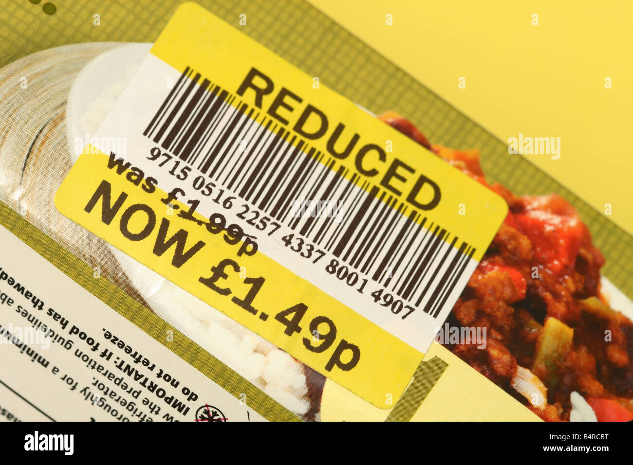 Reduced price food sticker label on supermarket ready meal bargain Stock Photo