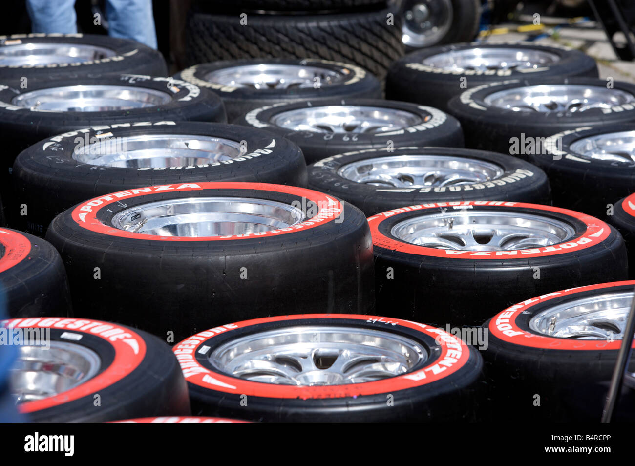 Race car tires in the pit area of a ALMS race Stock Photo Alamy