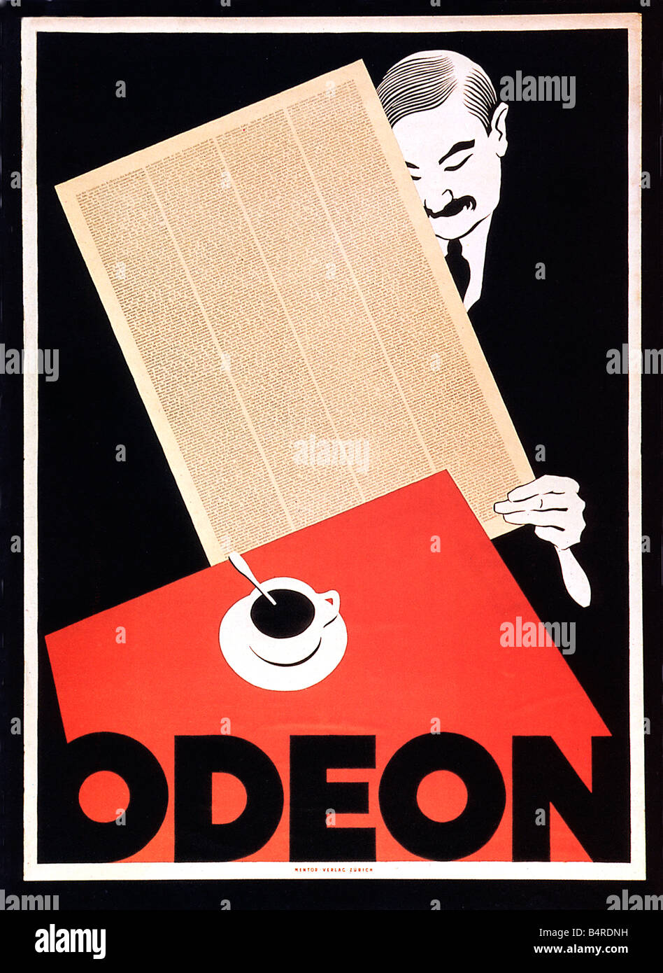 Cafe Odeon, Zurich, 1920, Art Deco Poster for the Swiss cafe, an habitue drinks his coffee while reading the newspaper Stock Photo