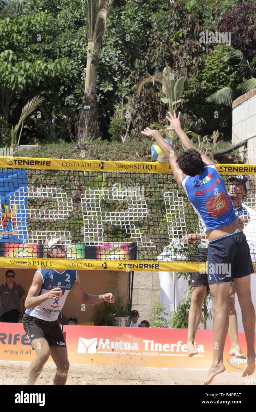 Francesco Giontella Italy blocks a shot from Kevin Ces France during the 2nd Tenerife Champions Cup, Tenerife Stock Photo