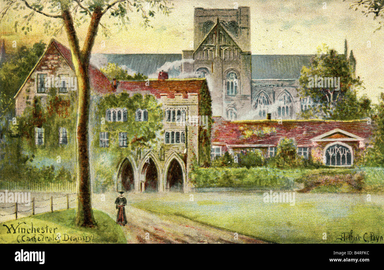 Old vintage Topographical British Picture Postcard sketch of Winchester Cathedral & Deanery posted 1905 FOR EDITORIAL USE ONLY Stock Photo