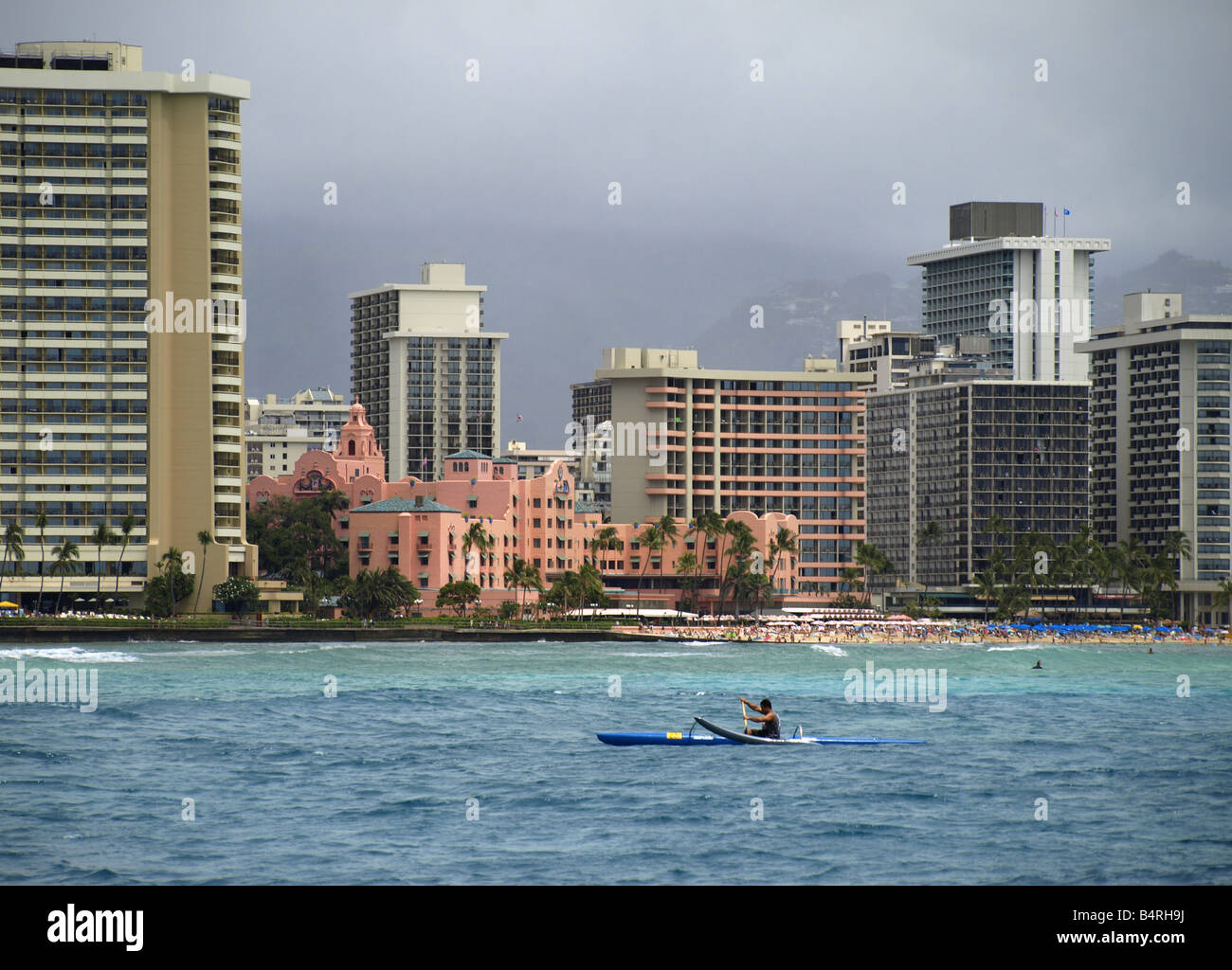 View of Waikiki and the famous Pink Hotel from the ocean Stock Photo